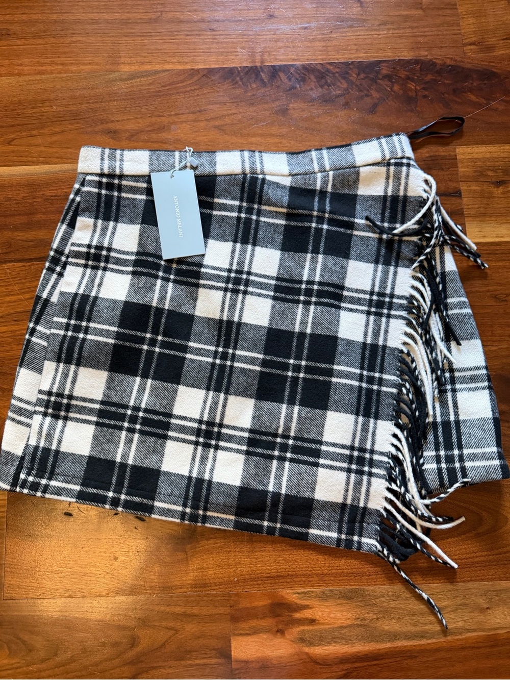 Antonio Melani Plaid Fringe Wrap Skirt - Black & White